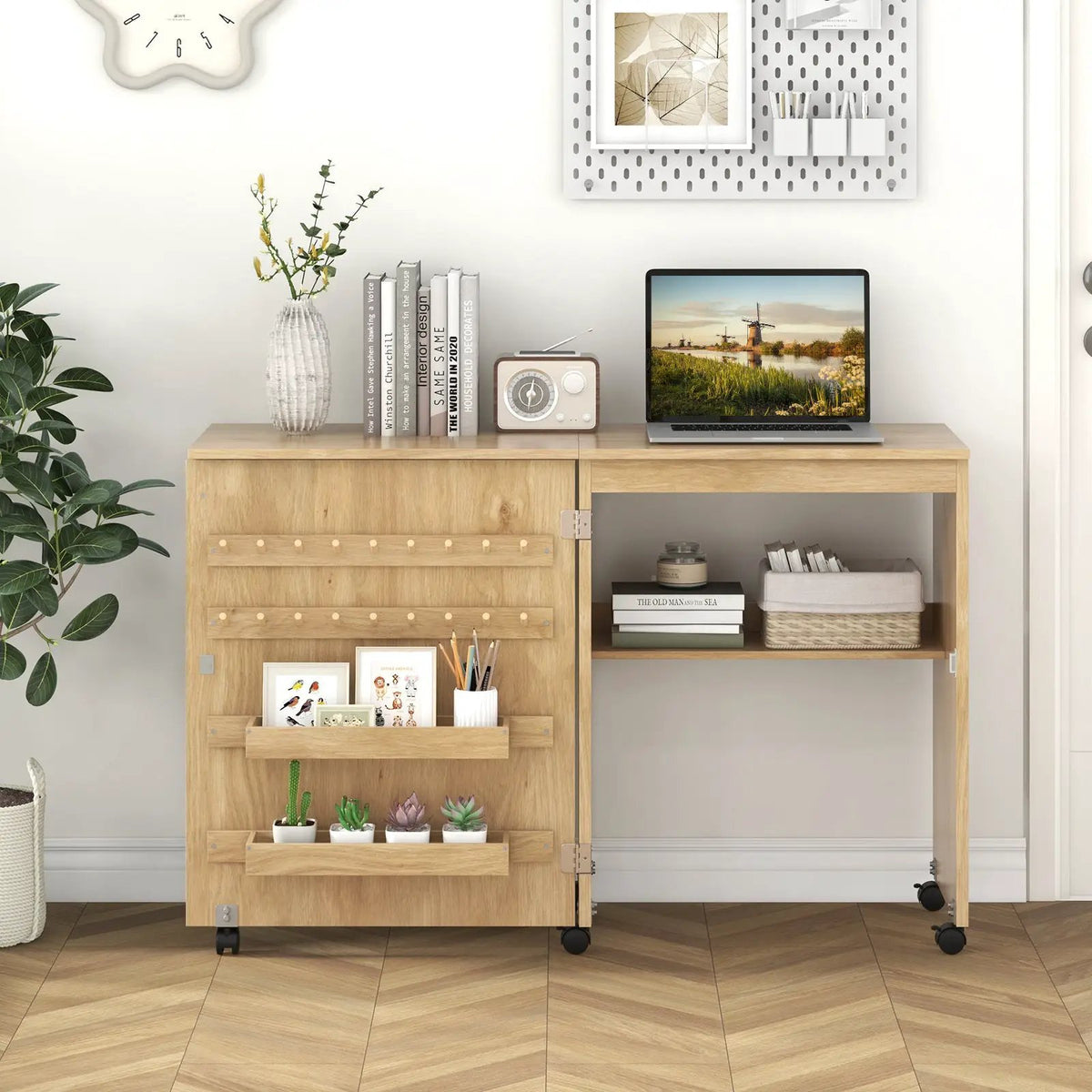 Folding Sewing Table with Storage Shelf and 5 Lockable Wheel, photo 2 of 10