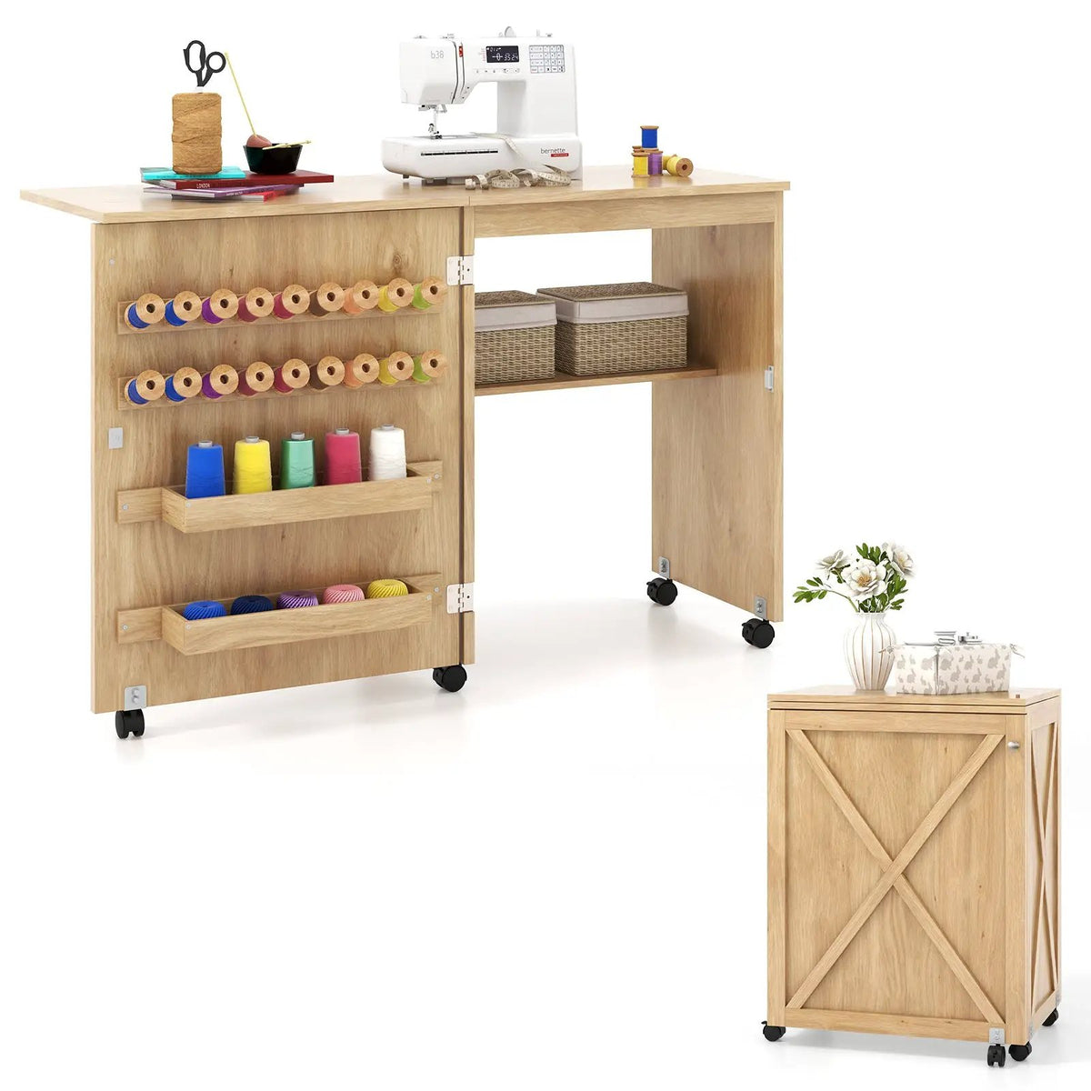 Folding Sewing Table with Storage Shelf and 5 Lockable Wheel, photo 4 of 10
