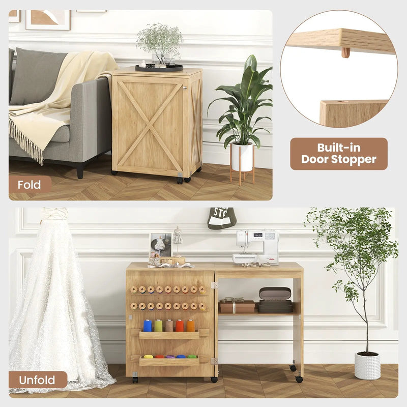 Folding Sewing Table with Storage Shelf and 5 Lockable Wheel by DirectDeals