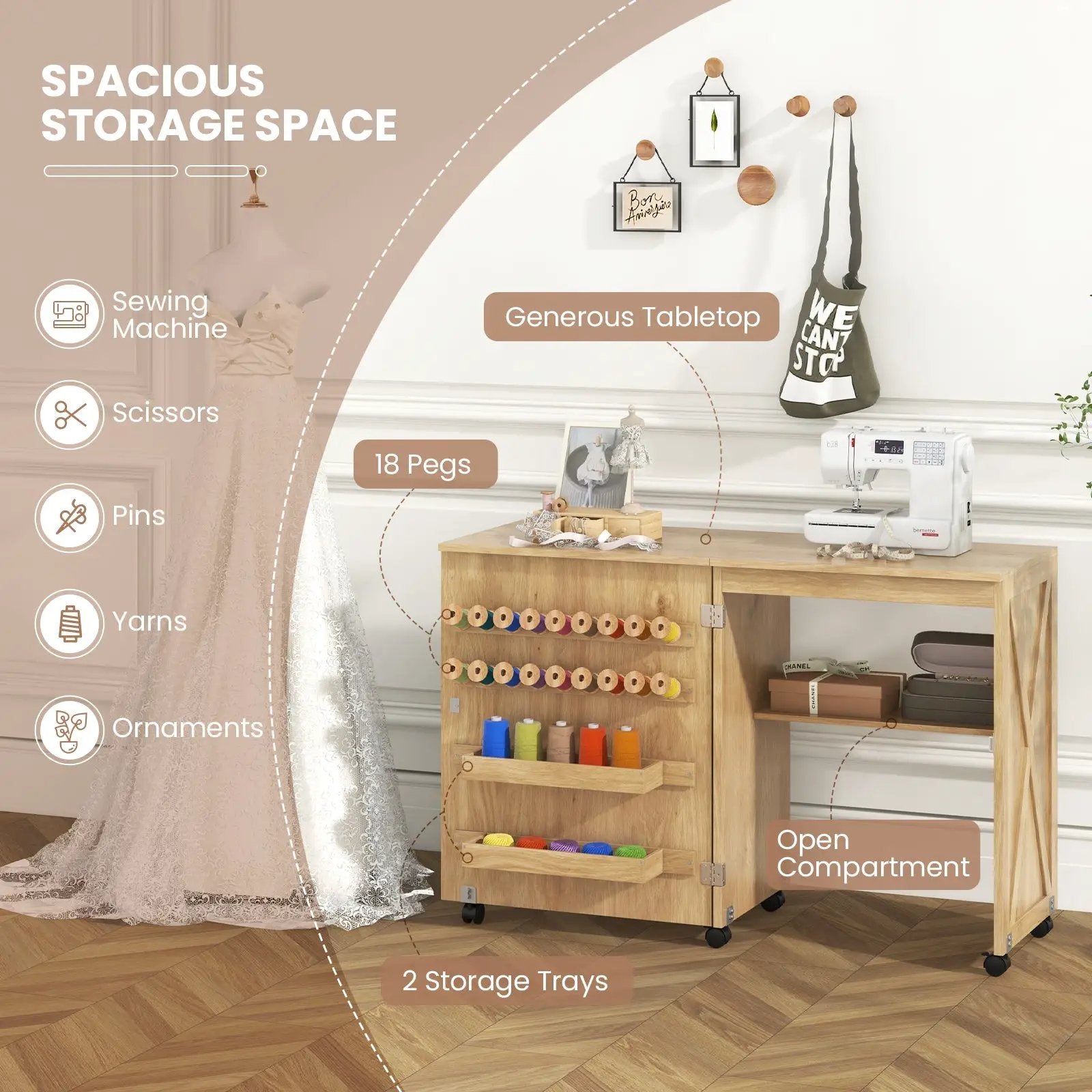 Folding Sewing Table with Storage Shelf and 5 Lockable Wheel by DirectDeals
