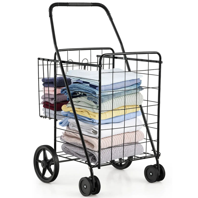 Folding Shopping Cart for Laundry with Swiveling Wheels and Dual Storage Baskets by DirectDeals
