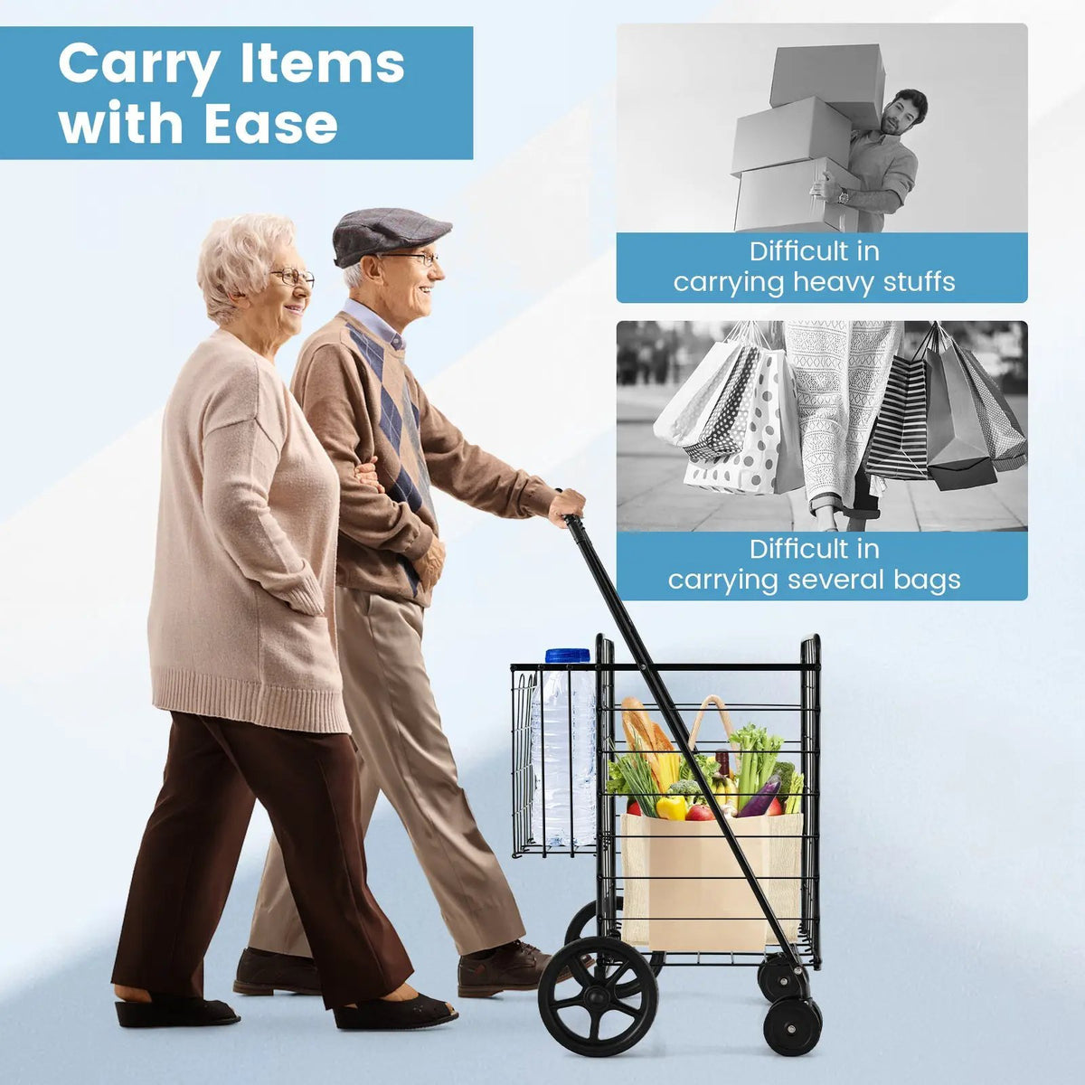 Folding Shopping Cart for Laundry with Swiveling Wheels and Dual Storage Baskets, photo 6 of 9