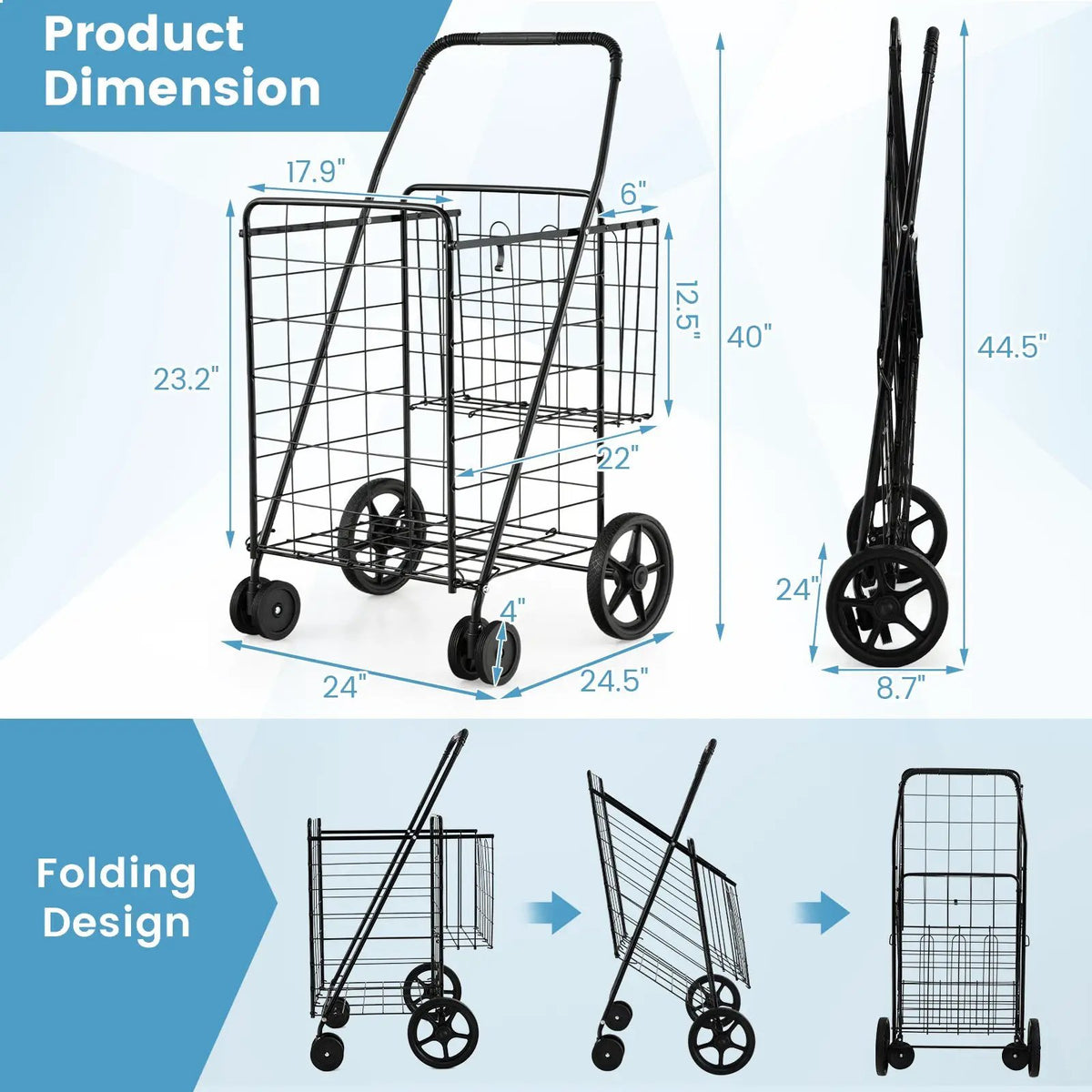 Folding Shopping Cart for Laundry with Swiveling Wheels and Dual Storage Baskets, photo 5 of 9
