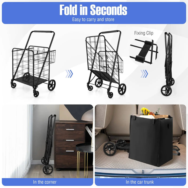 Folding Shopping Cart with Waterproof Liner Wheels and Basket by DirectDeals