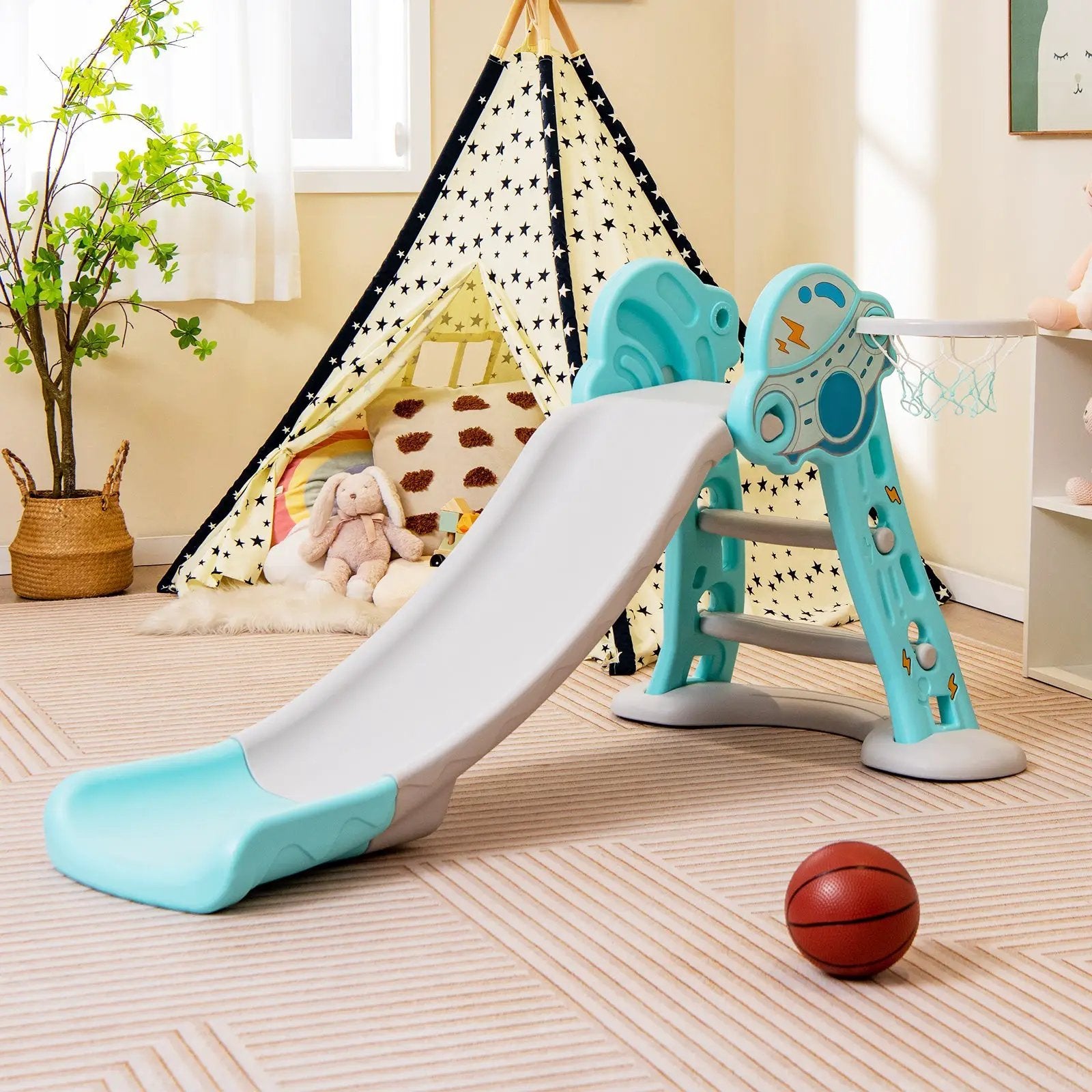 3-in-1 Folding Slide Playset with Basketball Hoop and Small Basketball by DirectDeals