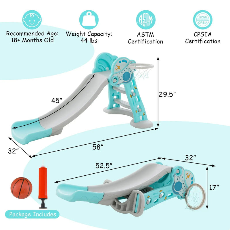 3-in-1 Folding Slide Playset with Basketball Hoop and Small Basketball by DirectDeals