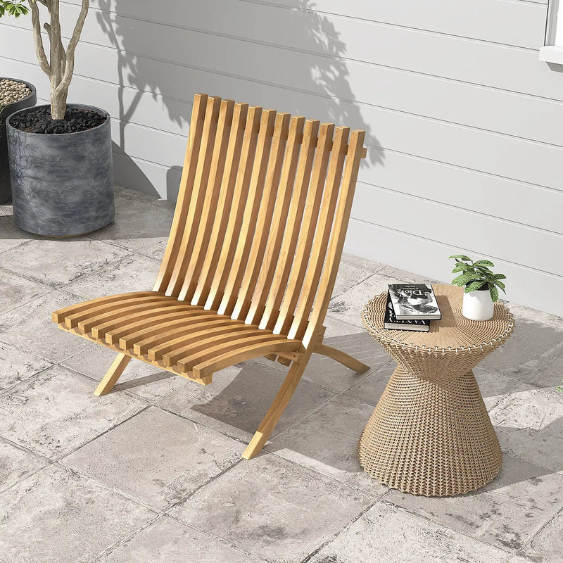 Folding Teak Wood Outdoor Lounge Chair with Slatted Seat and Backrest by DirectDeals