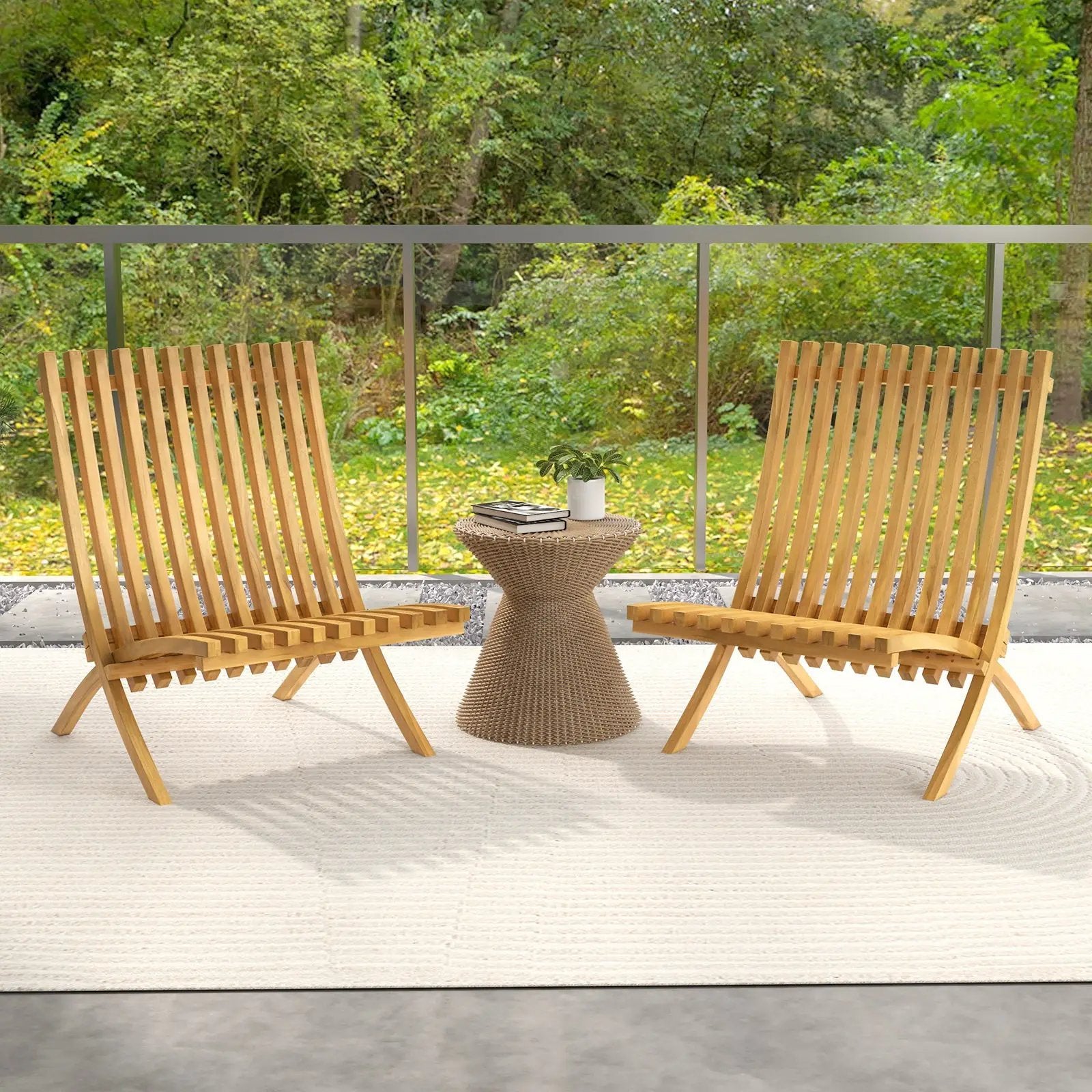 Folding Teak Wood Outdoor Lounge Chair with Slatted Seat and Backrest by DirectDeals