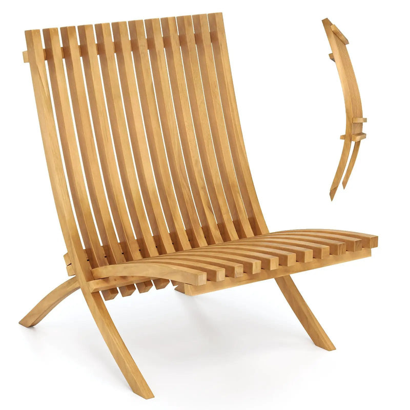 Folding Teak Wood Outdoor Lounge Chair with Slatted Seat and Backrest by DirectDeals