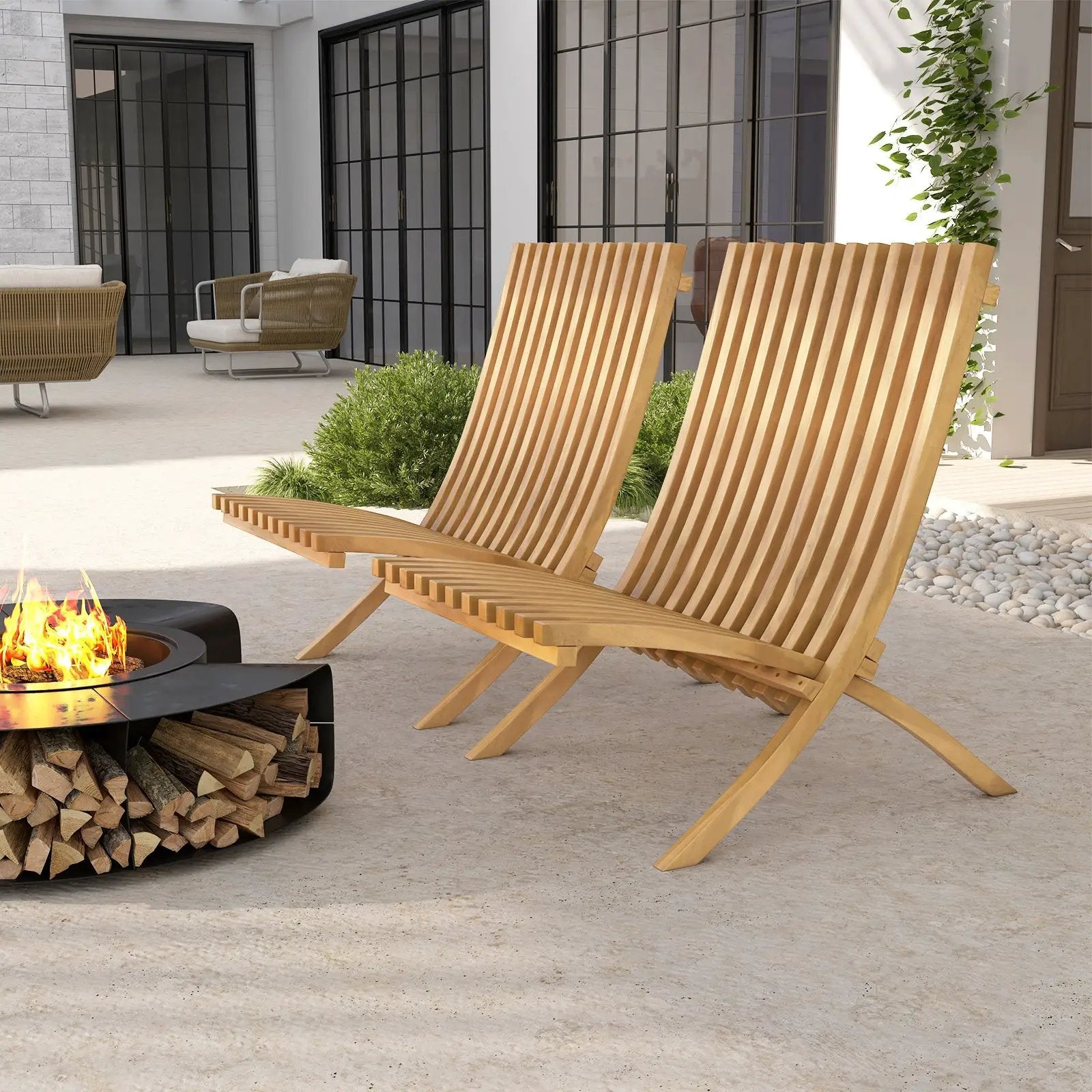 Folding Teak Wood Outdoor Lounge Chair with Slatted Seat and Backrest by DirectDeals
