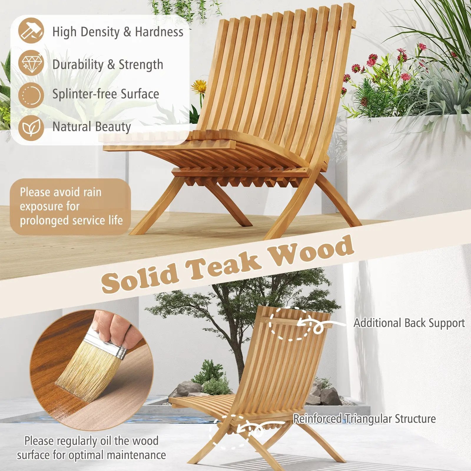 Folding Teak Wood Outdoor Lounge Chair with Slatted Seat and Backrest by DirectDeals