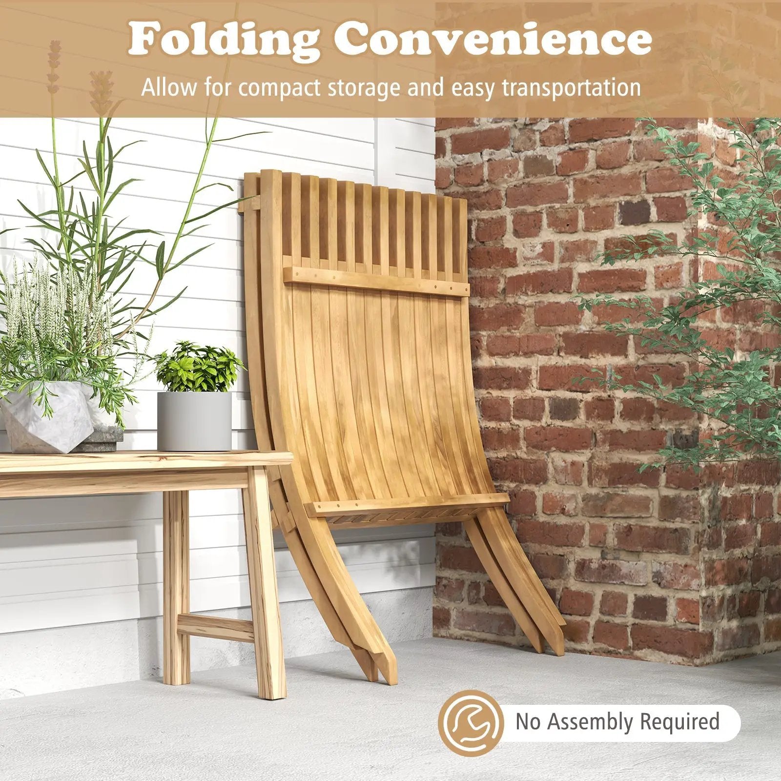 Folding Teak Wood Outdoor Lounge Chair with Slatted Seat and Backrest by DirectDeals