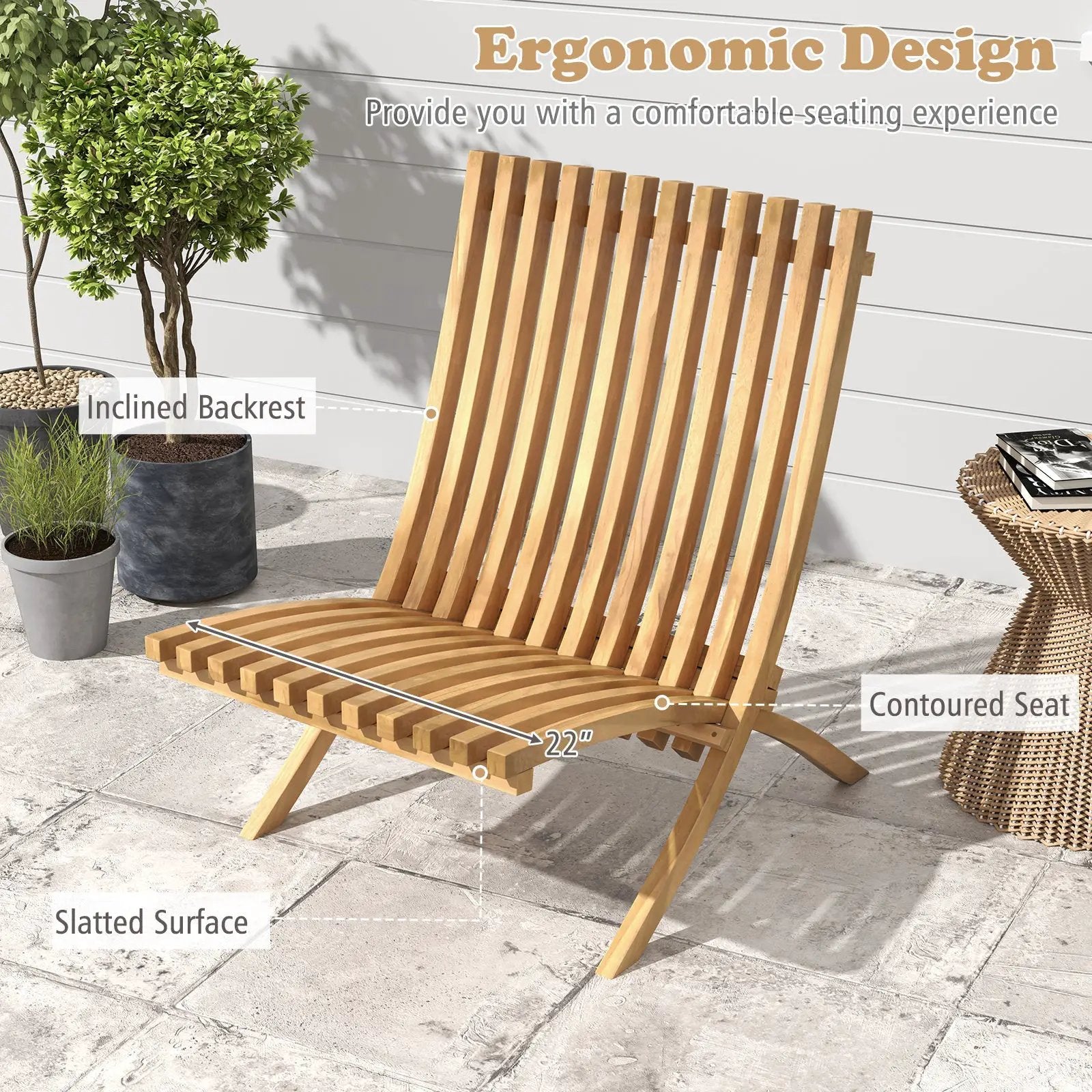 Folding Teak Wood Outdoor Lounge Chair with Slatted Seat and Backrest by DirectDeals