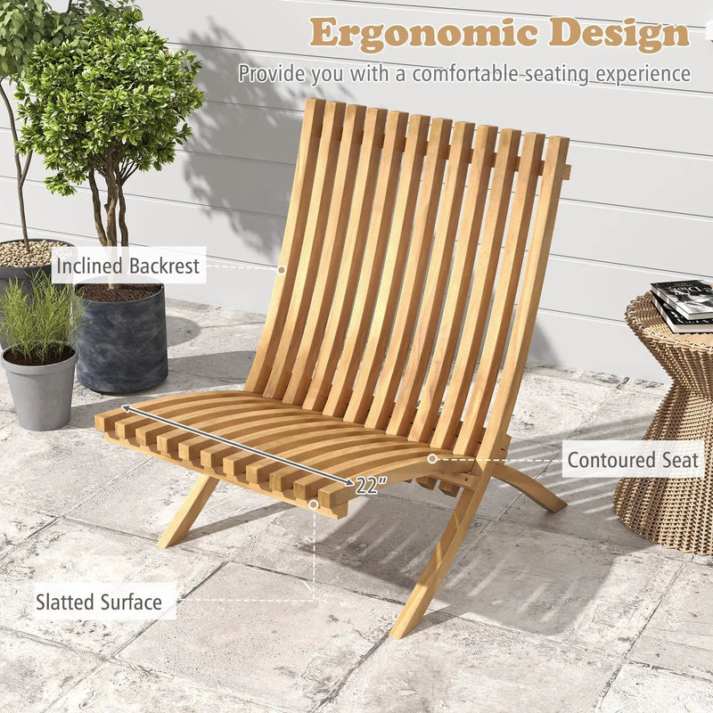 Folding Teak Wood Outdoor Lounge Chair with Slatted Seat and Backrest by DirectDeals