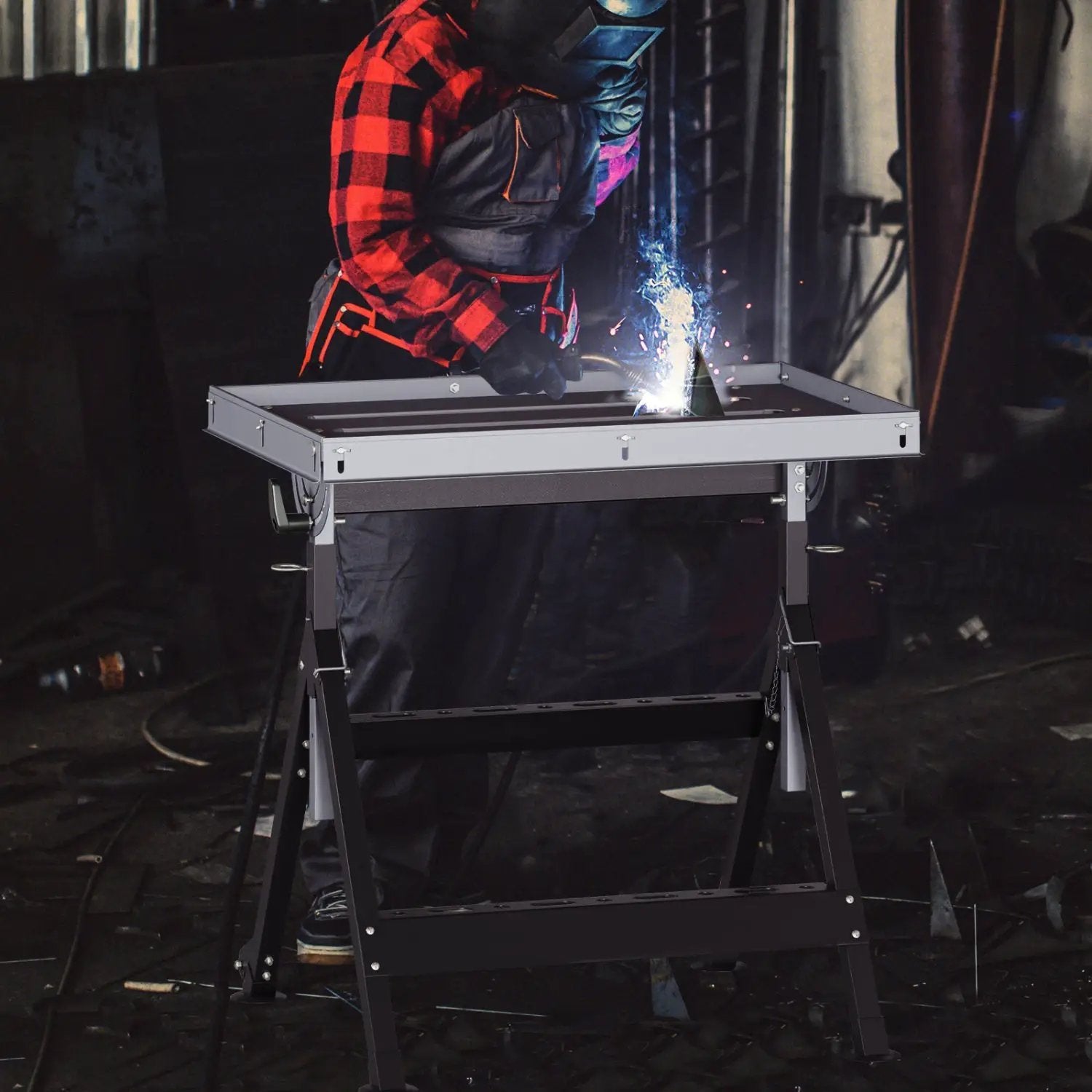 Folding Welding Table Welding Workbench with 2 Fixed Wheels 4-Level Height by DirectDeals