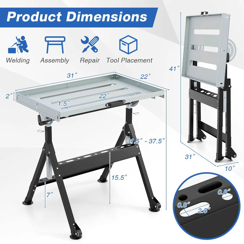 Folding Welding Table Welding Workbench with 2 Fixed Wheels 4-Level Height by DirectDeals