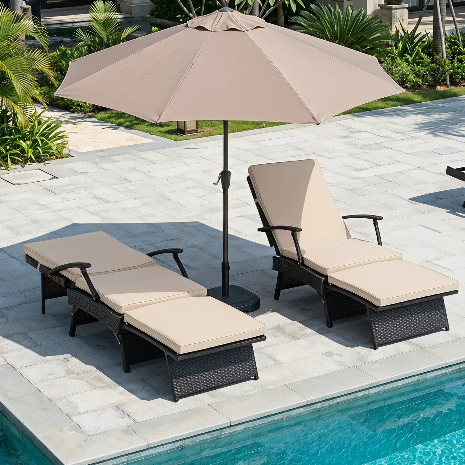 Folding Wicker Chaise Lounge with Adjustable Backrest & Ottoman by DirectDeals