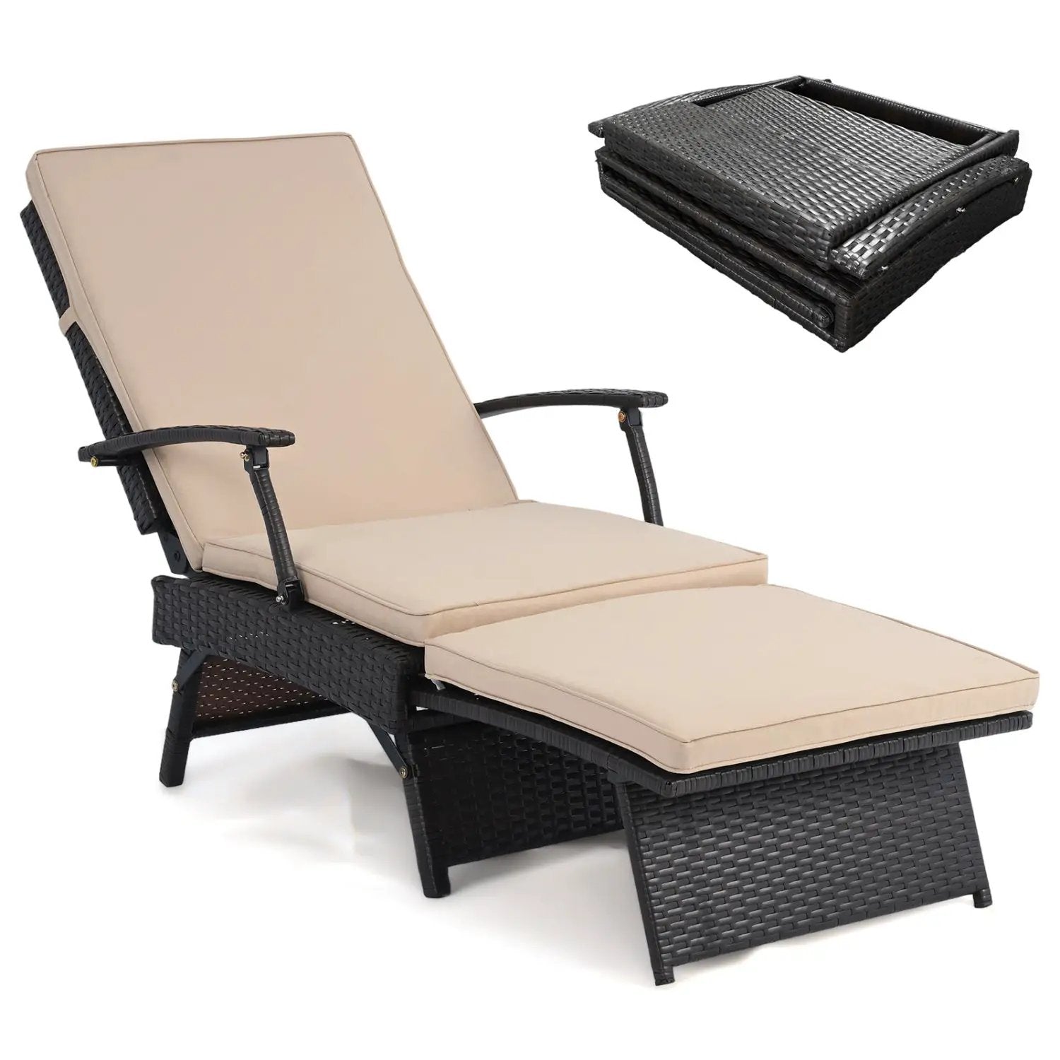 Folding Wicker Chaise Lounge with Adjustable Backrest & Ottoman by DirectDeals