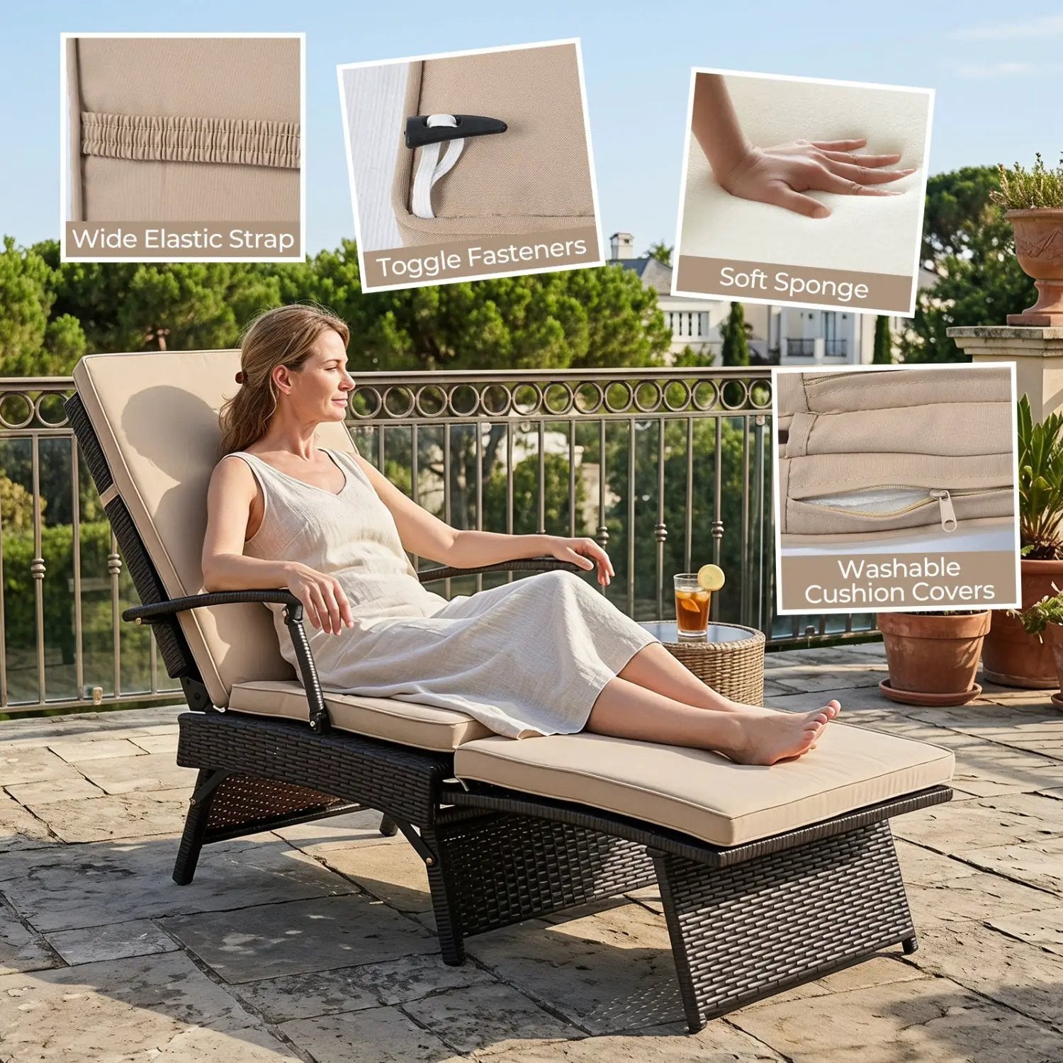 Folding Wicker Chaise Lounge with Adjustable Backrest & Ottoman by DirectDeals