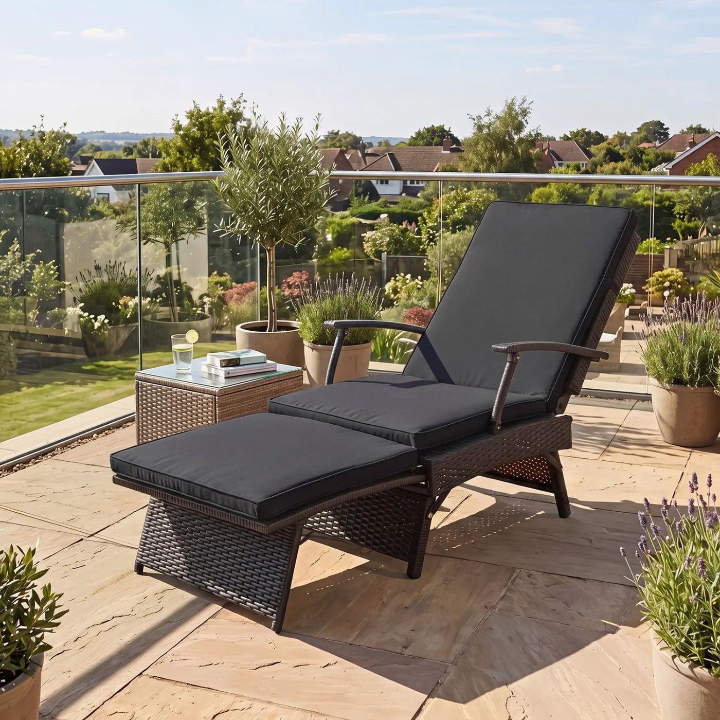 Folding Wicker Chaise Lounge with Adjustable Backrest & Ottoman by DirectDeals