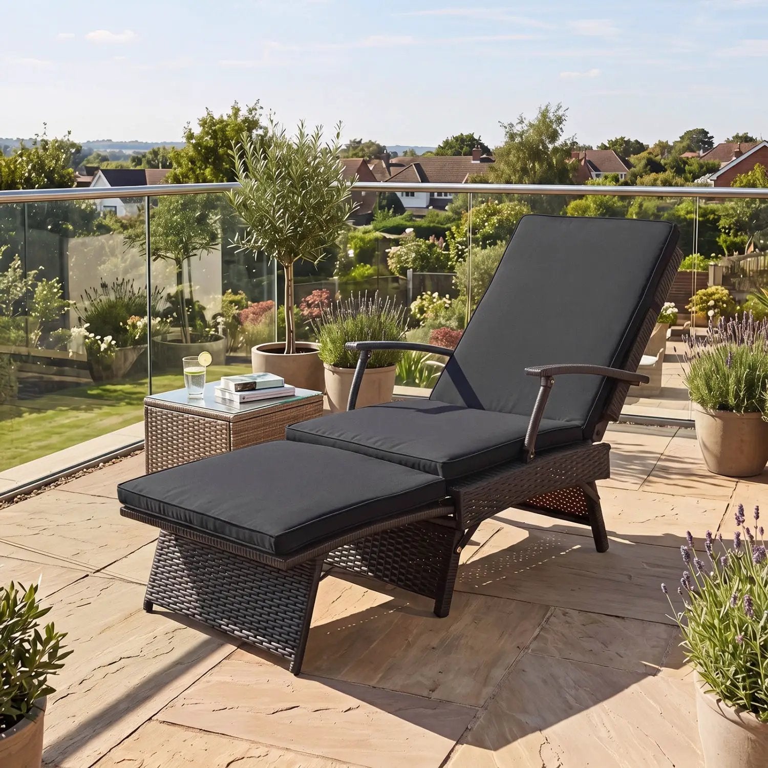 Folding Wicker Chaise Lounge with Adjustable Backrest & Ottoman by DirectDeals