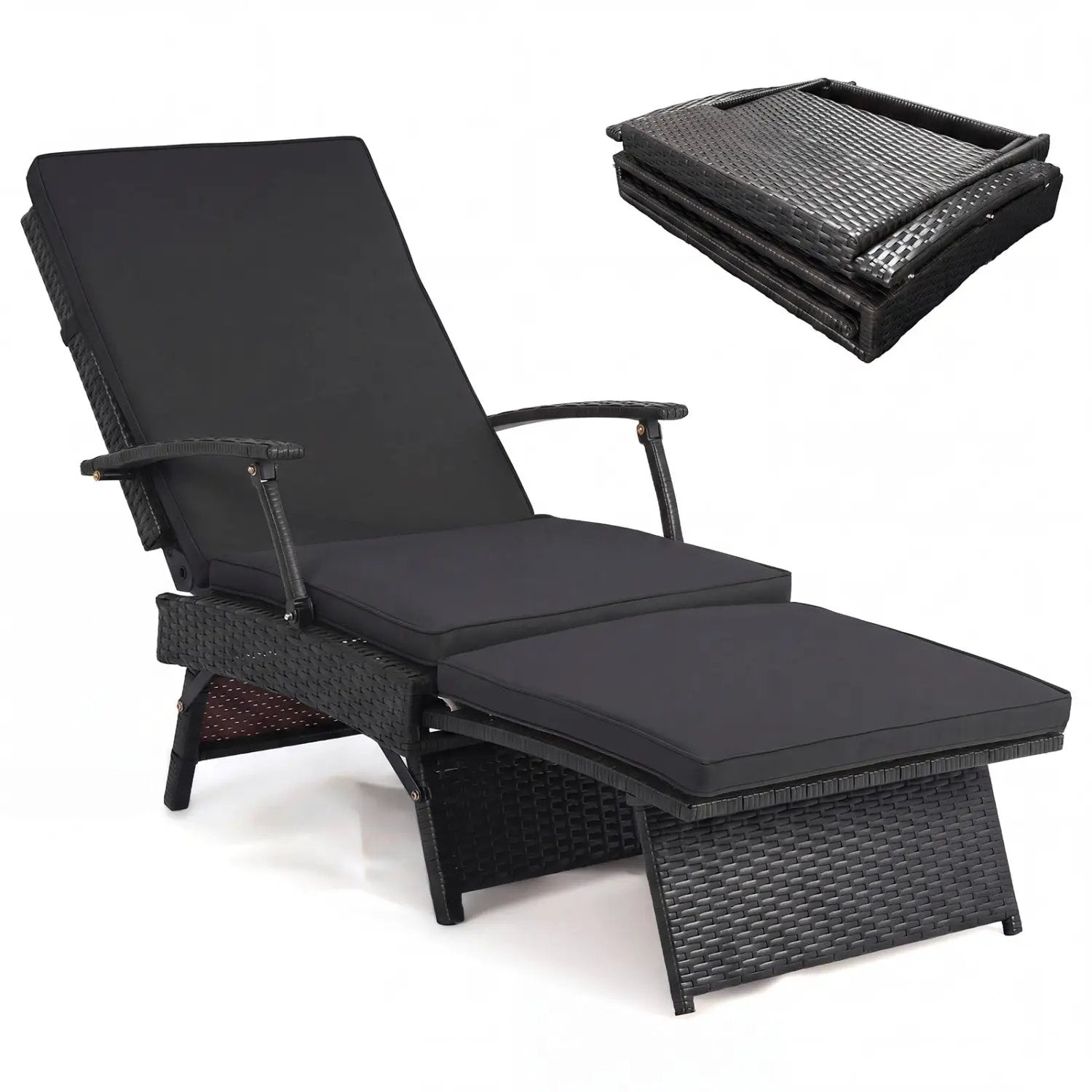 Folding Wicker Chaise Lounge with Adjustable Backrest & Ottoman by DirectDeals