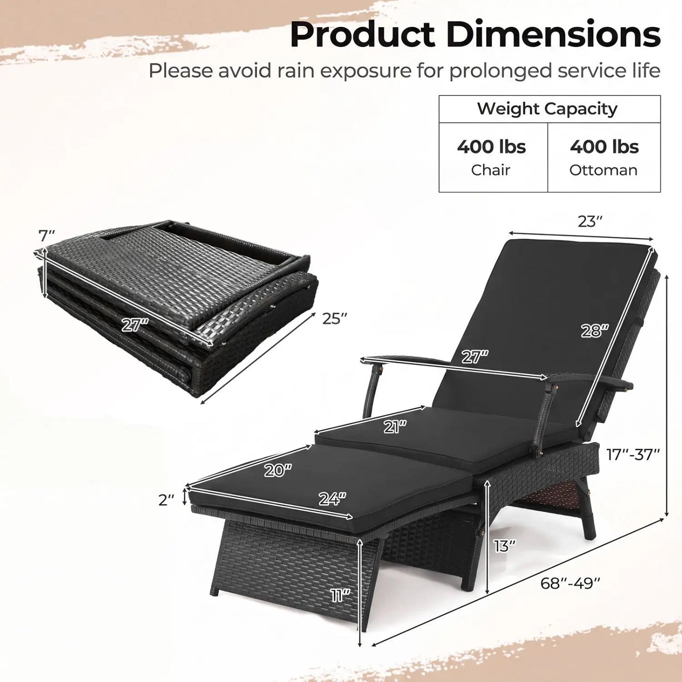 Folding Wicker Chaise Lounge with Adjustable Backrest & Ottoman by DirectDeals