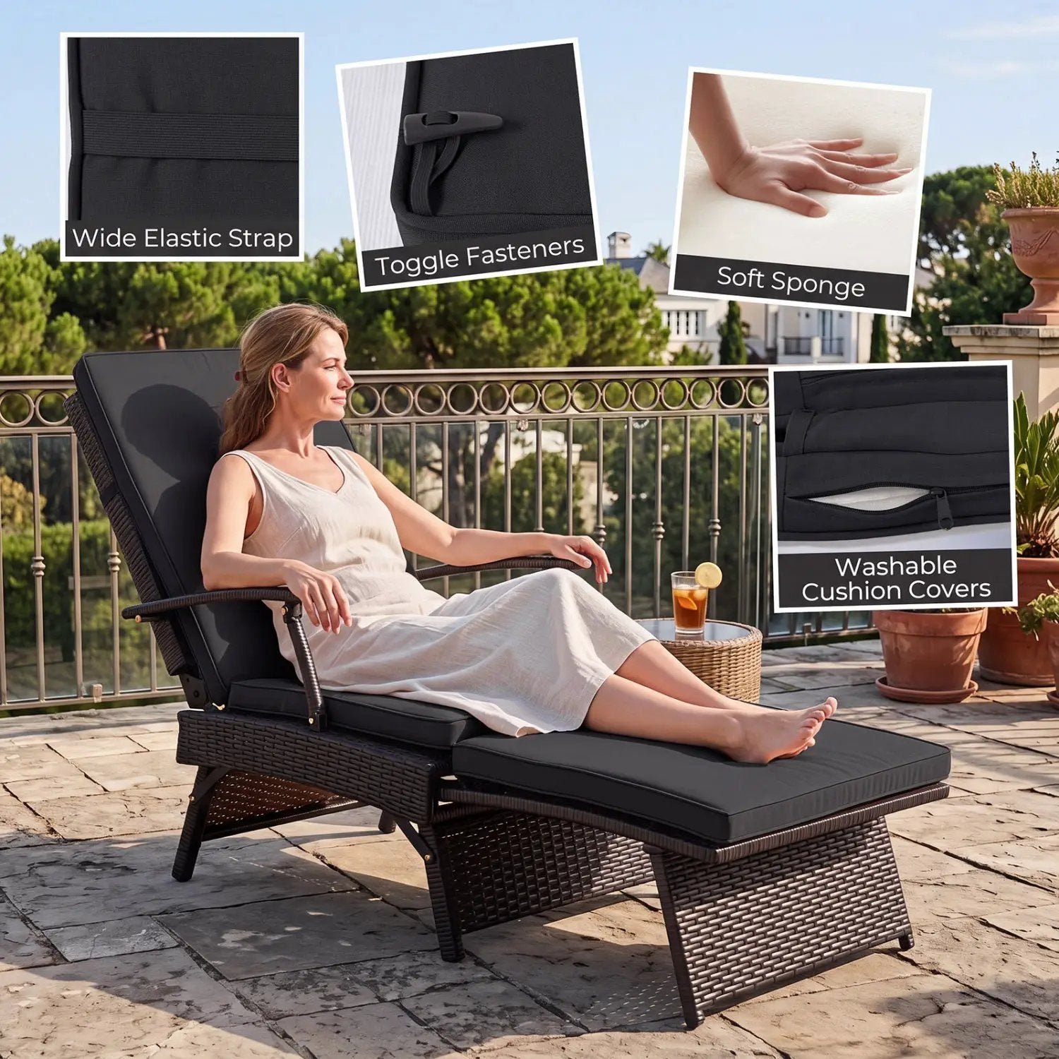 Folding Wicker Chaise Lounge with Adjustable Backrest & Ottoman by DirectDeals
