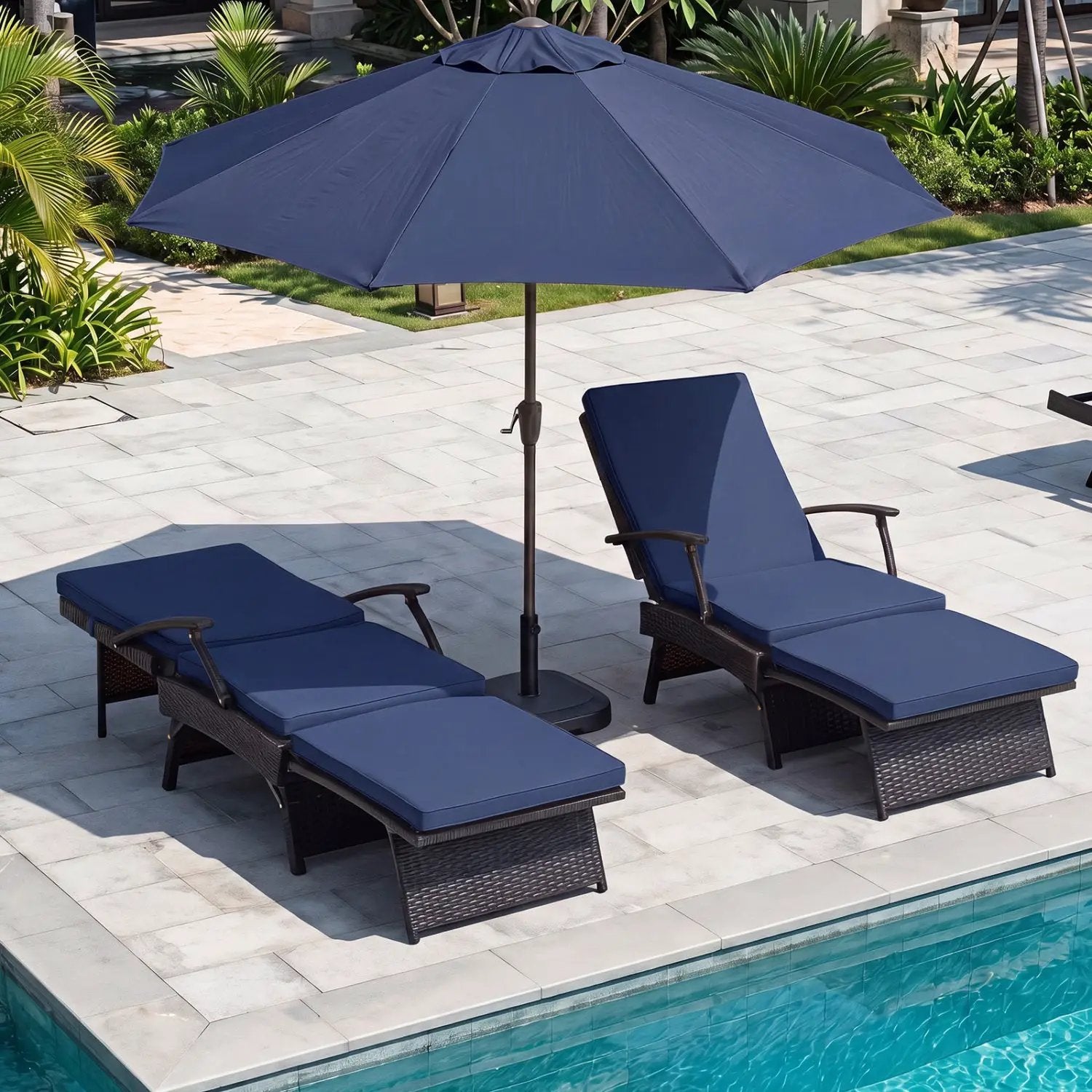 Folding Wicker Chaise Lounge with Adjustable Backrest & Ottoman by DirectDeals