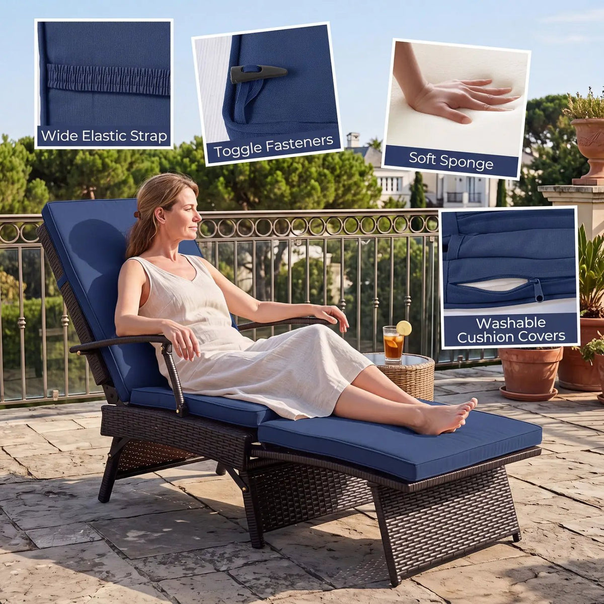 Folding Wicker Chaise Lounge with Adjustable Backrest & Ottoman by DirectDeals