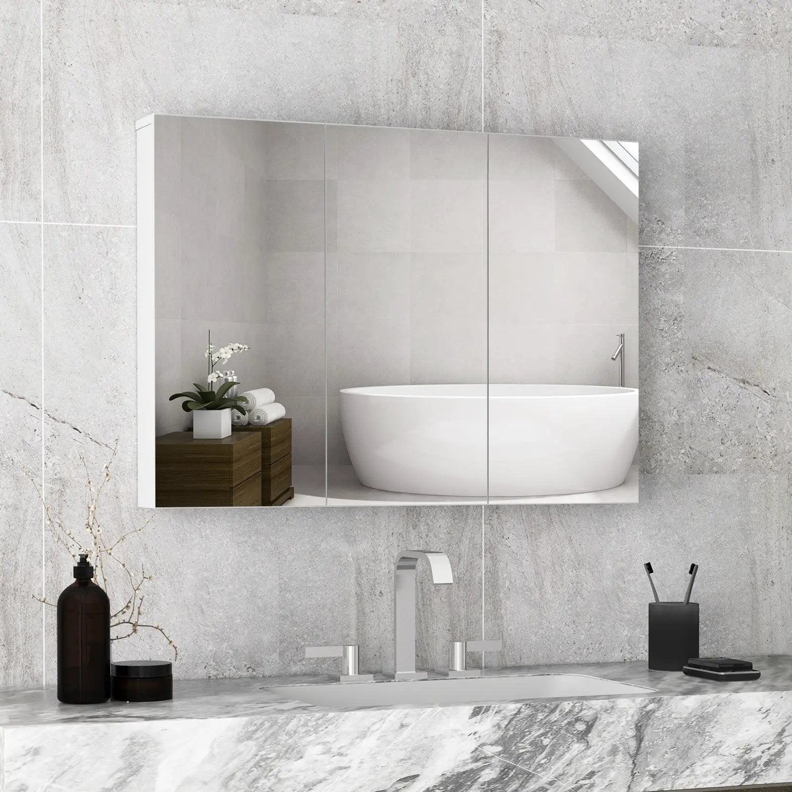 Frameless Bathroom Wall Mounted Mirror Cabinet with 3 Doors and Adjustable Shelves by DirectDeals