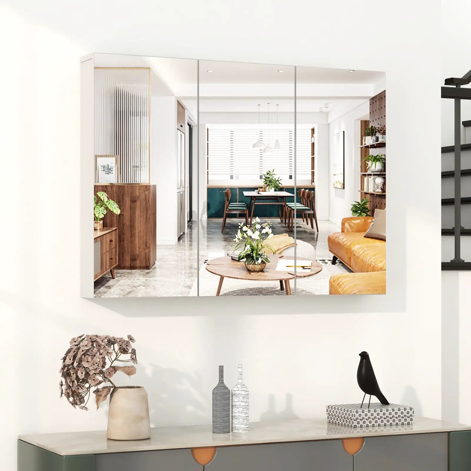 Frameless Bathroom Wall Mounted Mirror Cabinet with 3 Doors and Adjustable Shelves by DirectDeals