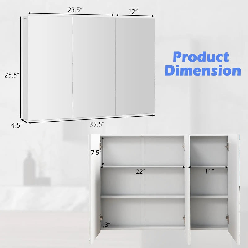 Frameless Bathroom Wall Mounted Mirror Cabinet with 3 Doors and Adjustable Shelves by DirectDeals