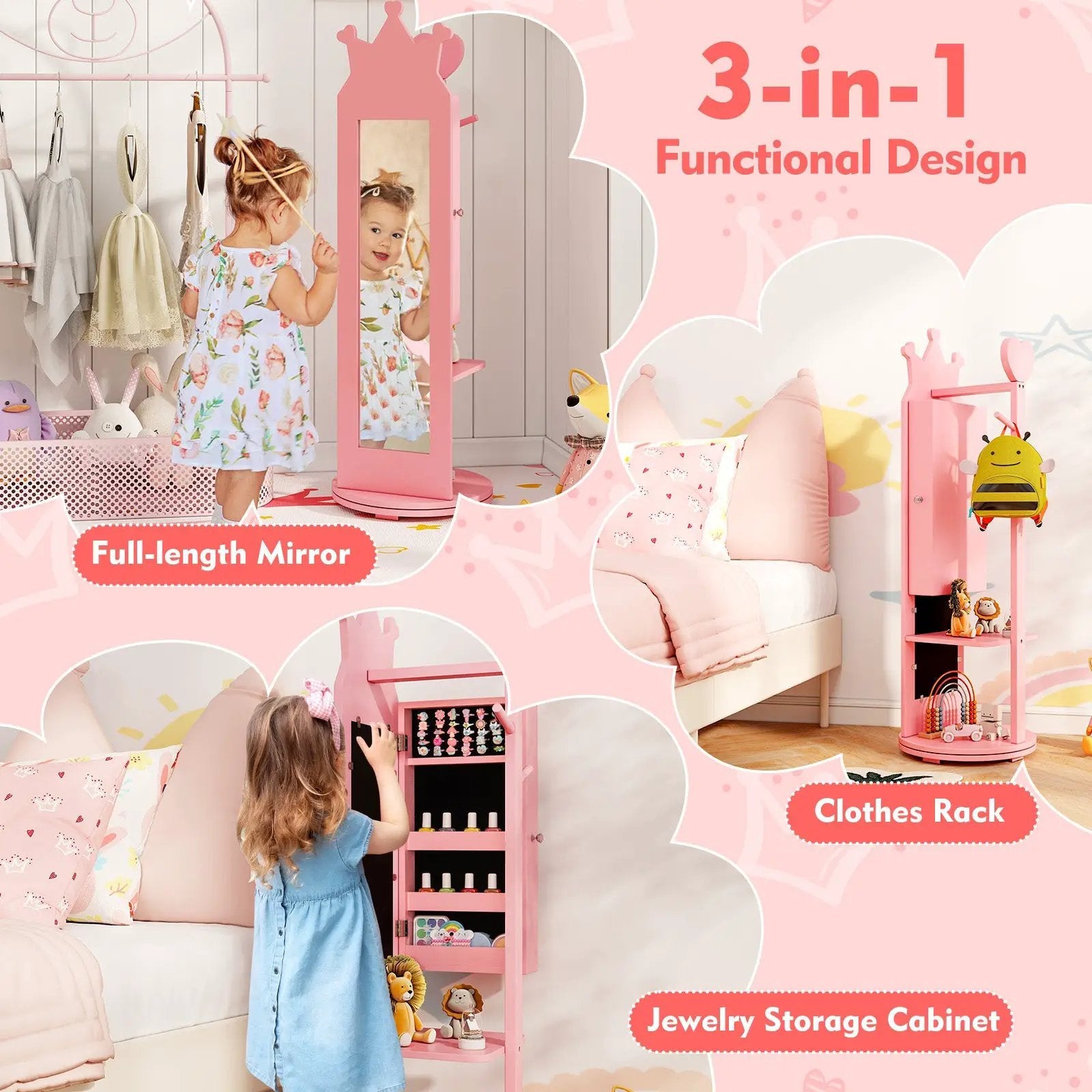 Free-Standing Full Length Mirror Kids Jewelry Armoire Cabinet by DirectDeals