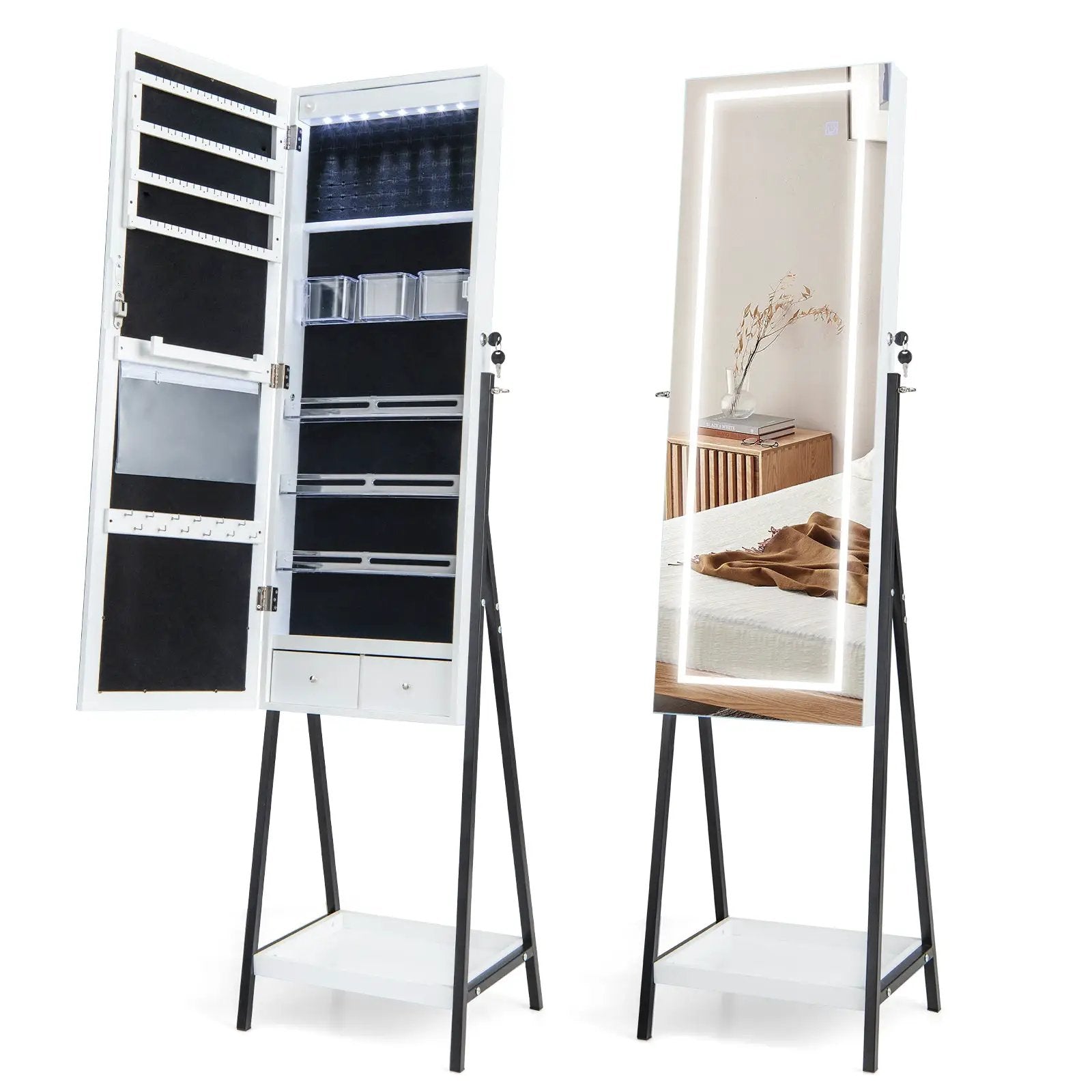 LED Standing Jewelry Mirror Cabinet with 3-Color Lighted Full-Length Mirror by DirectDeals