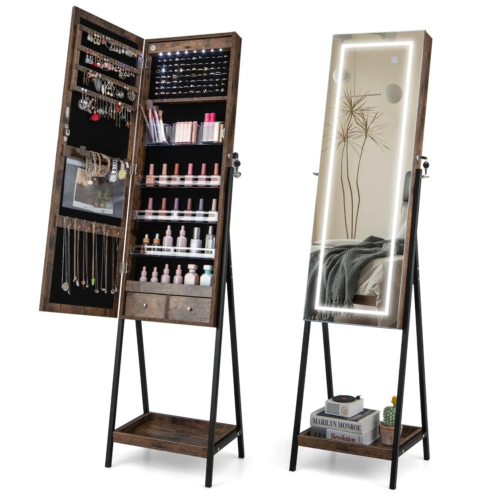 LED Standing Jewelry Mirror Cabinet with 3-Color Lighted Full-Length Mirror by DirectDeals