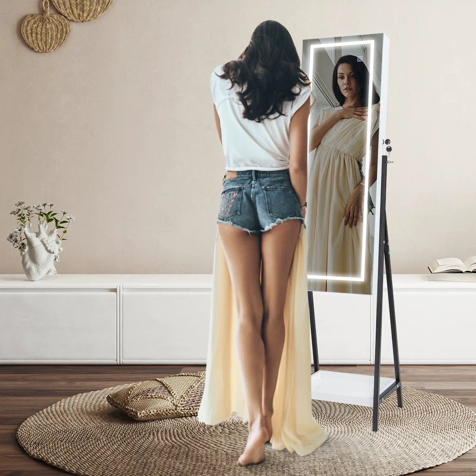 LED Standing Jewelry Mirror Cabinet with 3-Color Lighted Full-Length Mirror by DirectDeals