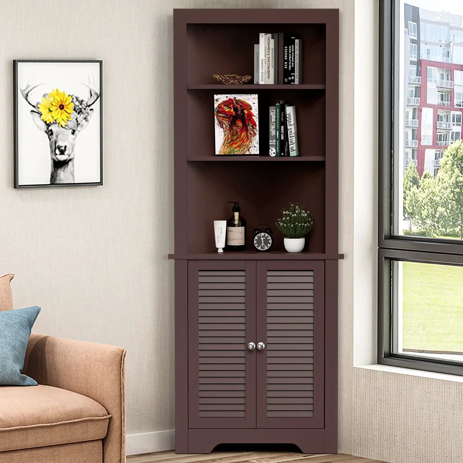 Free Standing Tall Bathroom Corner Storage Cabinet with 3 Shelves by DirectDeals