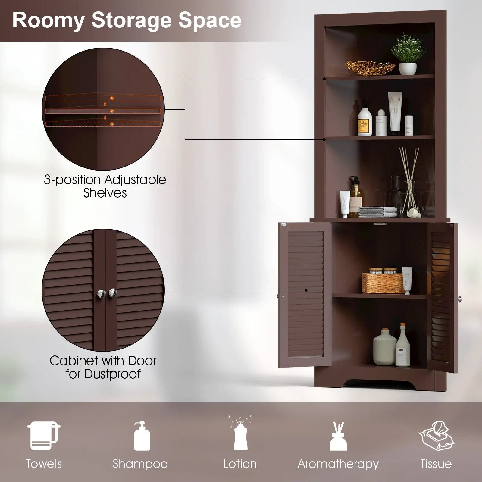 Free Standing Tall Bathroom Corner Storage Cabinet with 3 Shelves by DirectDeals