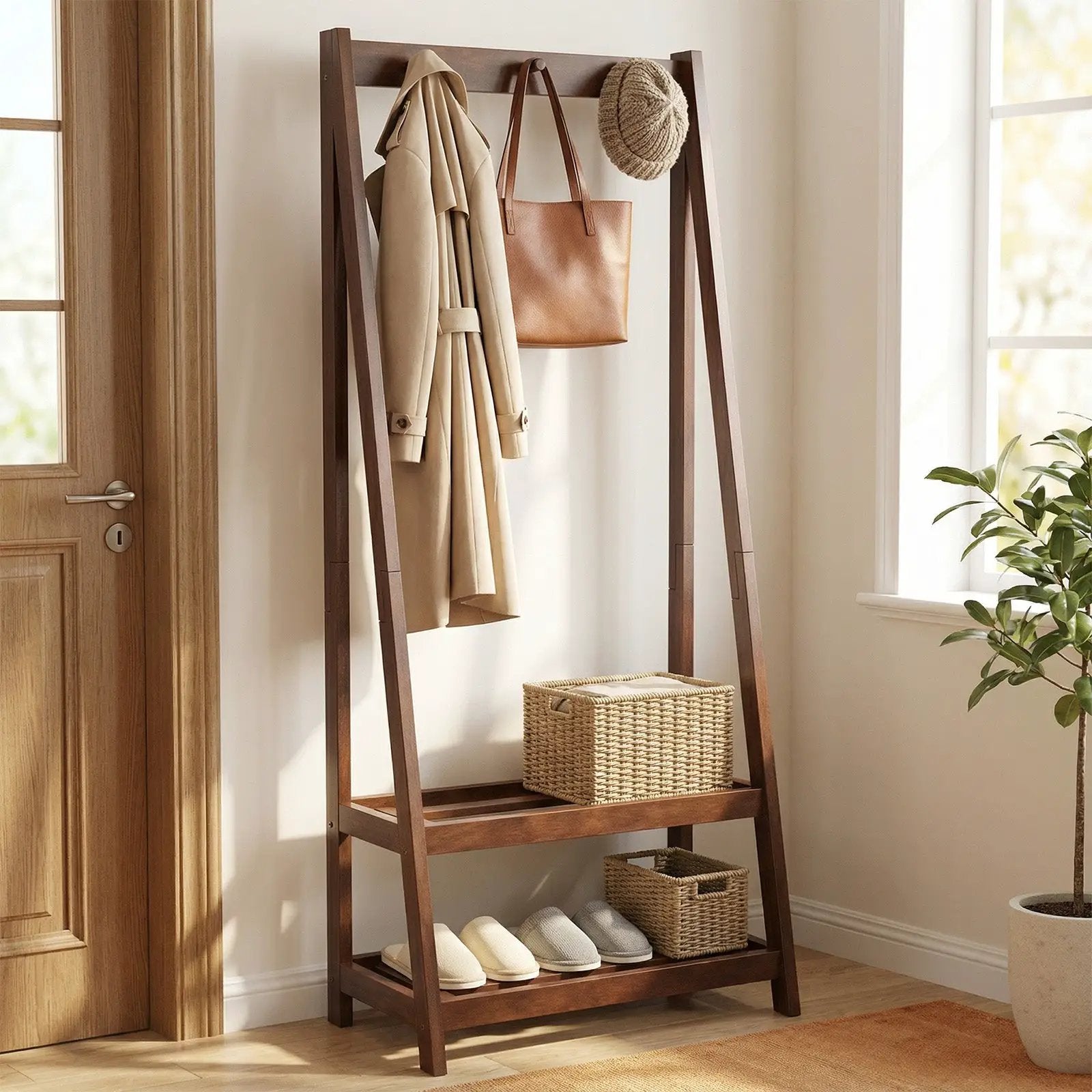Freestanding Clothes Rack with 3 Hooks and 2 Shelves-Walnut by DirectDeals