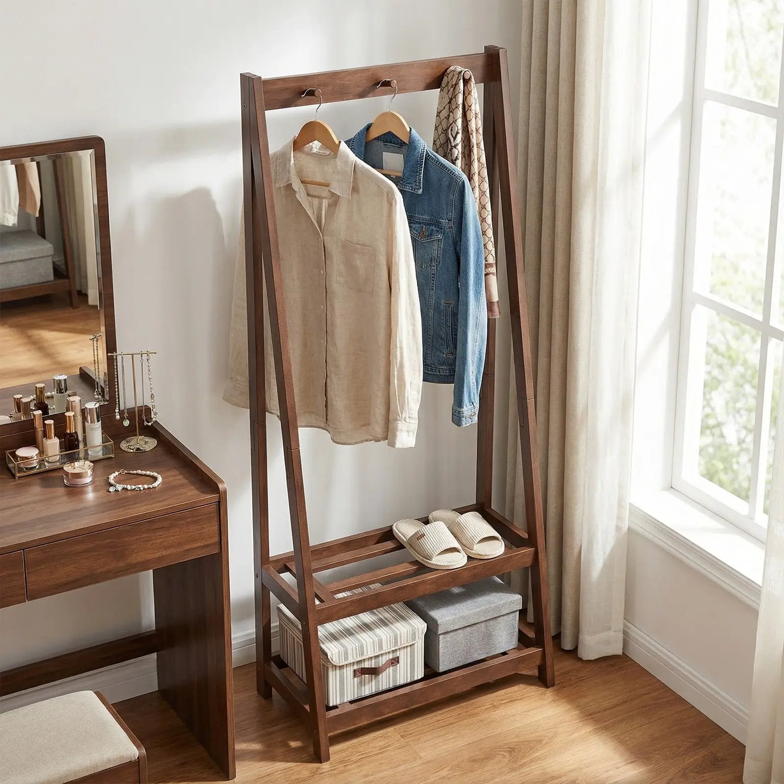 Freestanding Clothes Rack with 3 Hooks and 2 Shelves-Walnut by DirectDeals
