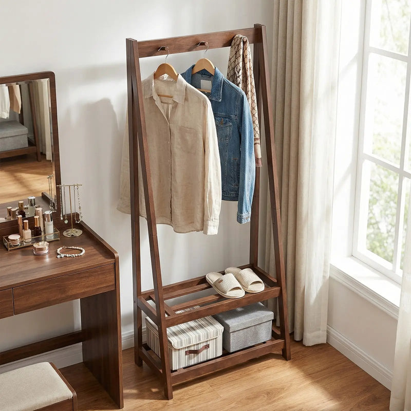 Freestanding Clothes Rack with 3 Hooks and 2 Shelves-Walnut by DirectDeals