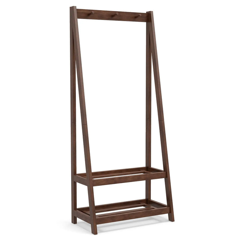 Freestanding Clothes Rack with 3 Hooks and 2 Shelves-Walnut by DirectDeals