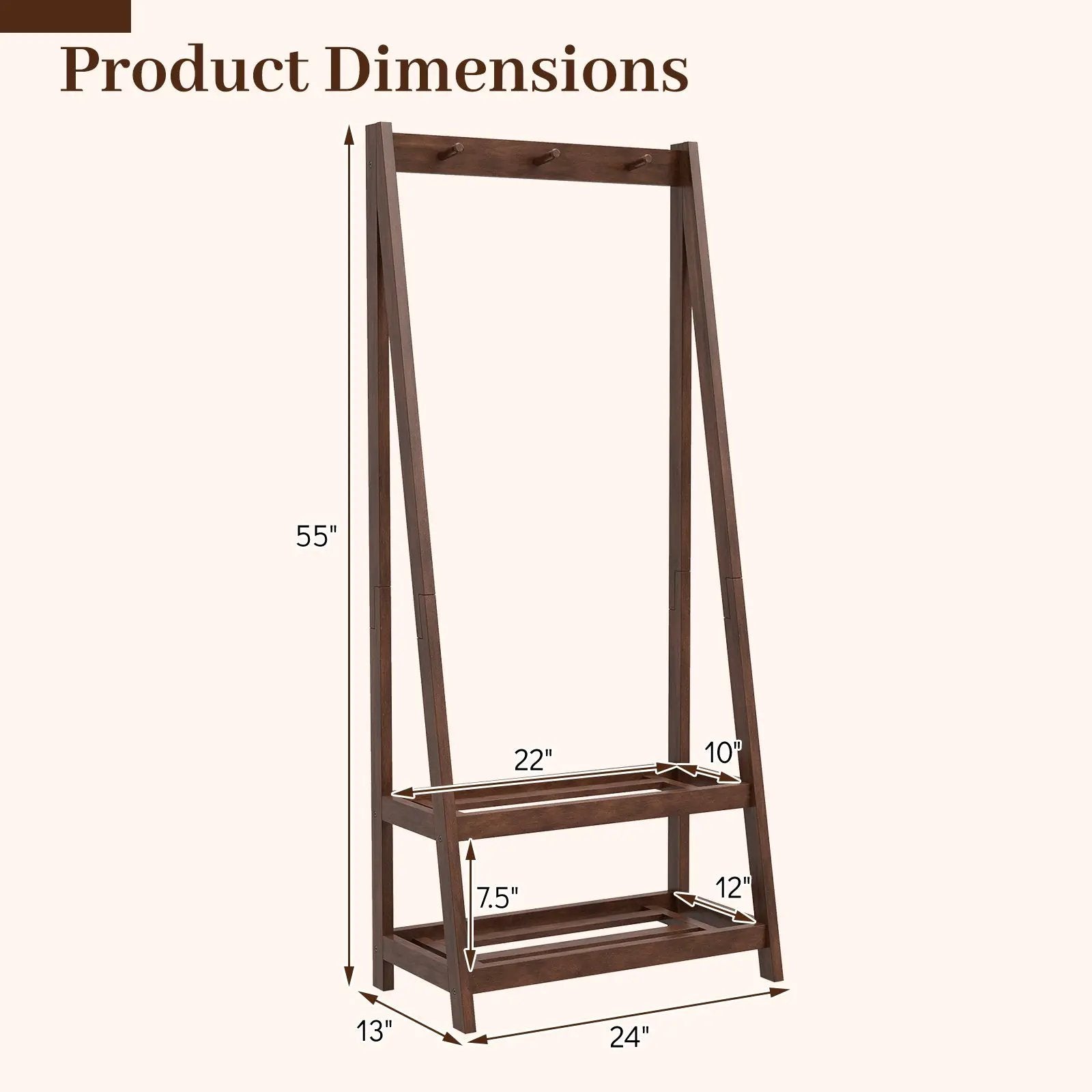 Freestanding Clothes Rack with 3 Hooks and 2 Shelves-Walnut by DirectDeals