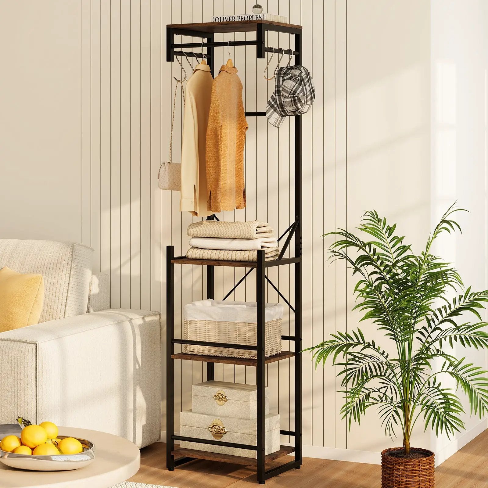 Freestanding Coat Rack with 4 Storage Shelves and 6 Hooks-Rustic Brown by DirectDeals