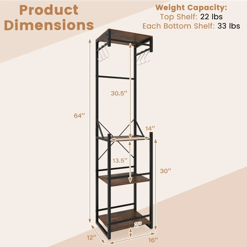 Freestanding Coat Rack with 4 Storage Shelves and 6 Hooks-Rustic Brown by DirectDeals