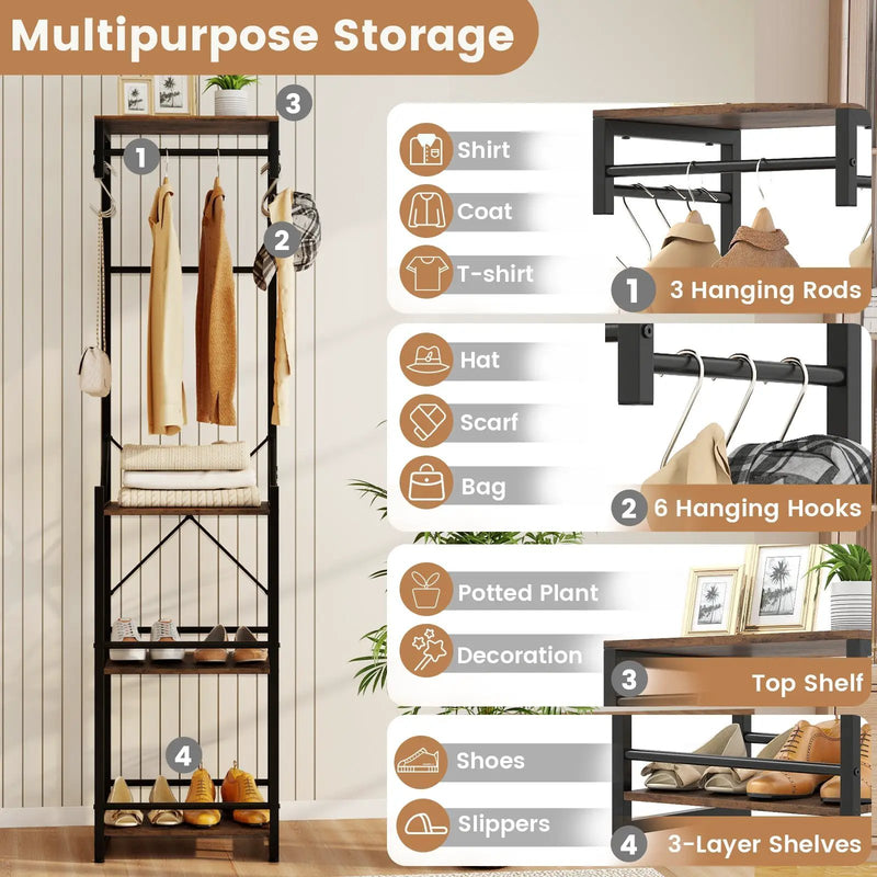 Freestanding Coat Rack with 4 Storage Shelves and 6 Hooks-Rustic Brown by DirectDeals