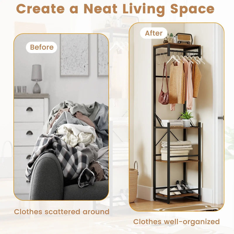Freestanding Coat Rack with 4 Storage Shelves and 6 Hooks-Rustic Brown by DirectDeals