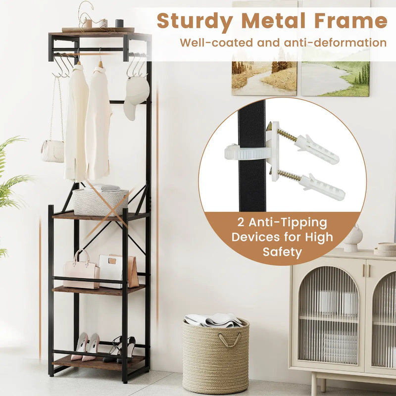 Freestanding Coat Rack with 4 Storage Shelves and 6 Hooks-Rustic Brown by DirectDeals