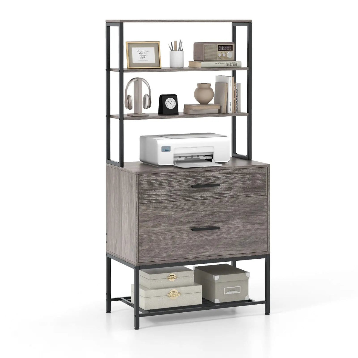 Freestanding File Cabinet with Charging Station and 3-Tier Open Shelves, photo 9 of 9